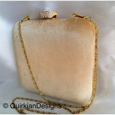 Beige Velvet Square Box Clutch With Intricate Floral Embroidery And Diamante Clasp, Wedding Clutch, Party Bag, Beaded Clutch